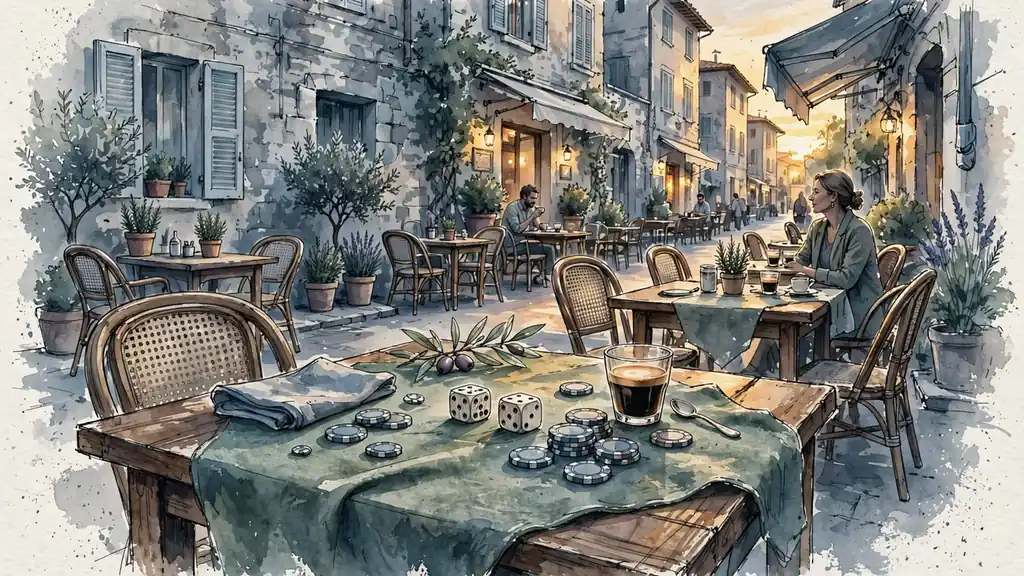 Café italiano al tramonto con dadi e fiches