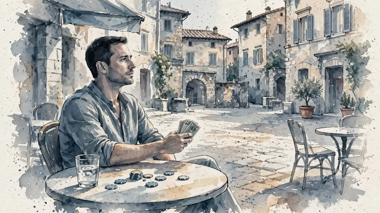 Adulto riflessivo con carte e fiches in un caffè italiano