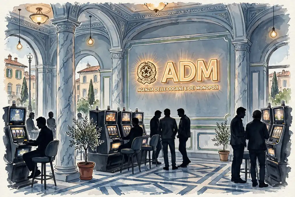 Interno di casinò italiano con colonne di marmo, bandiera e badge ADM