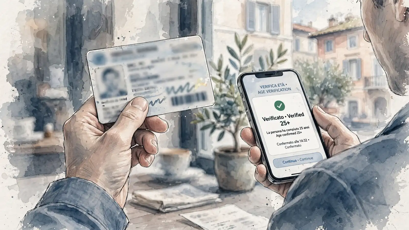 Mano con carta d'identità sfocata su smartphone al chiaro di giorno a Roma