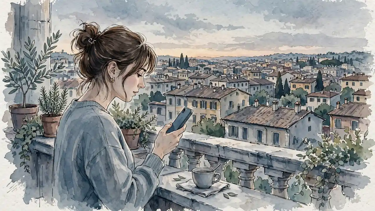 Giovane donna su balcone romano con smartphone, tramonto sullo sfondo