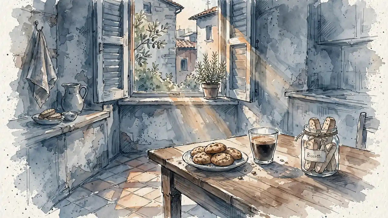 Cucina italiana con biscotti su tavola di legno