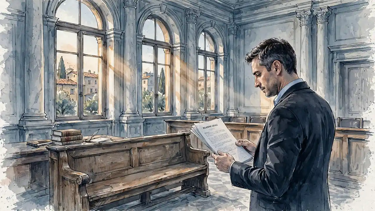 Avvocato italiano in aula legale con documenti